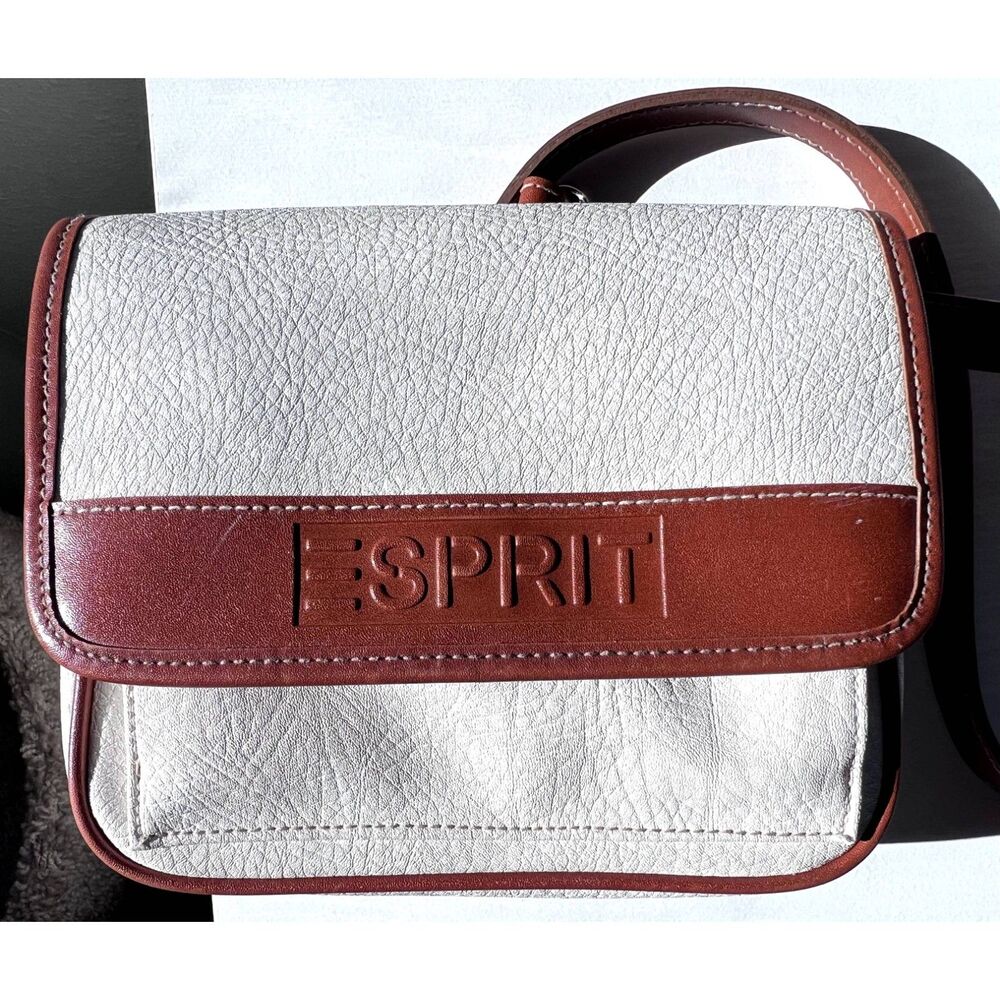Vintage White Tan ESPRIT Crossbody Shoulder Bag pebble texture white stitching